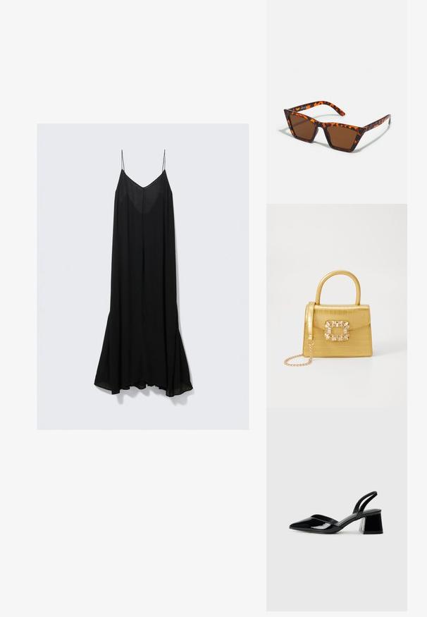 Black sleeveless dress with a deep V-neckline, made of lightweight fabric, and a flowing silhouette that flares at the hem.; Black patent leather slingback heels with a pointed toe and a geometric block heel. Features a sleek, minimal design and smooth texture.; Brown-tinted sunglasses with a tortoiseshell pattern, angular frame, and slender arms. Lightweight plastic material.; Yellow faux-crocodile handbag with a structured design, top handle, detachable chain strap, and decorative crystal embellishment on the clasp.