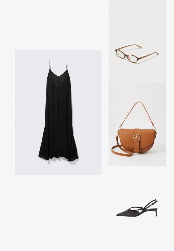 Robe noire sans manches avec un décolleté en V profond, fabriquée en tissu léger et ayant une silhouette fluide qui s'évasent à l'ourlet.; Escarpin slingback en cuir noir avec un bout pointu, de fines brides de cheville et un petit talon aiguille. Texture lisse avec un design minimaliste.; Lunettes en écaille de tortue marron avec des verres ovales, des branches fines et des accents transparents. Présente un logo subtil sur la branche. Design élégant et léger.; Sac bandoulière en cuir marron avec une forme incurvée, quincaillerie dorée et un accent en boucle. Comprend une bandoulière détachable.