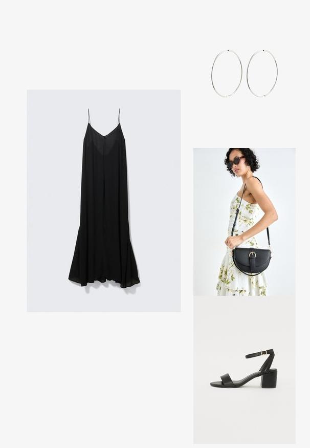 Must mustriga kleit sügava V-kaelusega, tehtud kergest kangast, mis voolab laienedes äärtesse.; Mustad mustakäpp featuring a sileda nahast ülemine osa, avatud varvas, laiad esistrapid ja reguleeritav pahkluu rihm kuldse pandlaga.; Mustmust mustraha kõverate joontega, eemaldatava rihmaga ja kuldsete detailidega. Kotil on klapp, millel on pandladetail.; Hõbedased rõngaskõrvarõngad, millel on sujuv, ümmargune disain ja poleeritud viimistlus. Need on õhukesed ja kerged, omades lihtsat klambrit.