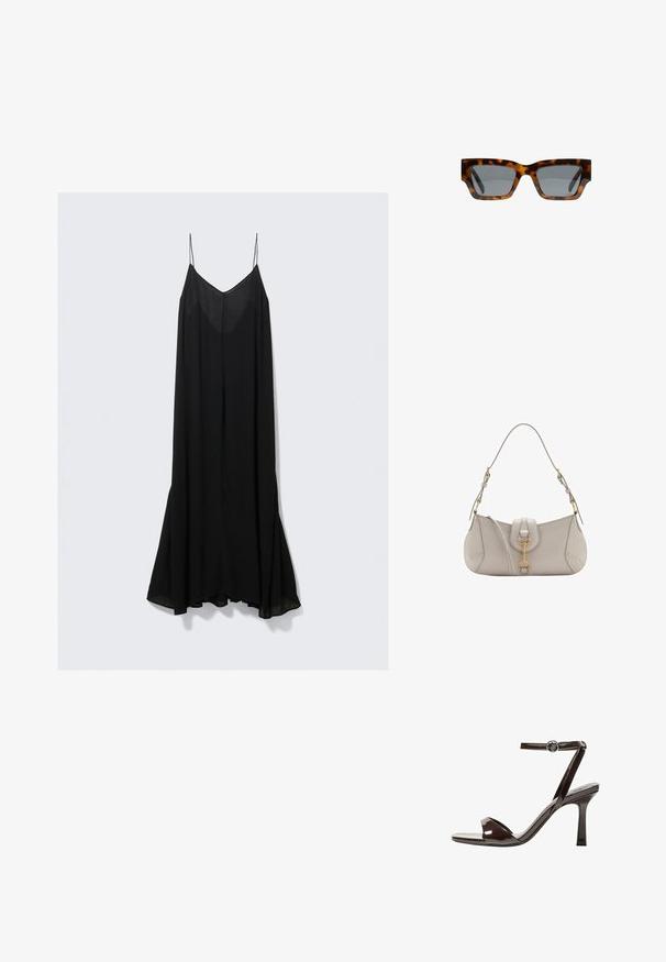 Crna bezrukava haljina s dubokim V-izrezom, izrađena od lagane tkanine, s lepršavim krojem koji se širi na donjem rubu.; Smeđi lakirani kožni sandali s visokim potpeticama, remenom oko članka, otvorenim prstima i elegantnim, minimalističkim dizajnom. Imaju kvadratnu potpeticu.; Naočale od žirafa s uglastim okvirom, sivozelenim lećama i glatkom završnom obradom. Imaju odvažan geometrijski dizajn i debele temple.; Svijetlosiva kožna torba s zakrivljenim oblikom, zlatnim hardverom, prednjim kopčanjem i prošivenim detaljima. Uključena je podesiva naramenica.