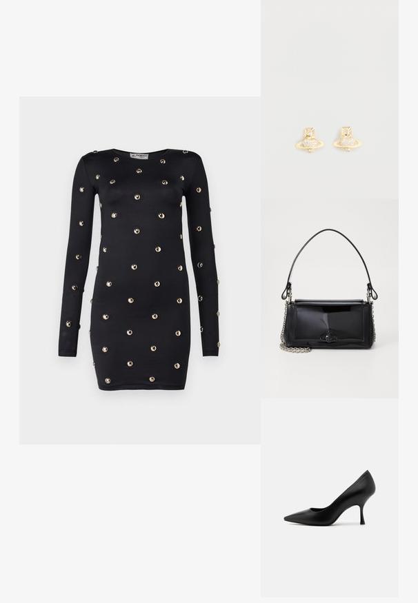 Čierne šaty s dlhým rukávom zdobené zlatými okrúhlymi ozdobami, s priliehavým strihom a okrúhlym výstrihom.; Čierne kožené lodičky na vysokom opätku s špicatou špičkou a štíhlym opätkom, s hladkou textúrou a klasickým siluetom.; Čierna laková kožená kabelka s obdĺžnikovým tvarom, reťazovým popruhom a výrazným hardvérovým prvkom v strede. Hladká textúra.; Náušnice so zlatým odtieňom v tvare Saturna s textúrovaným pásom a osadenými kruhovými kryštálmi pre väčší lesk.