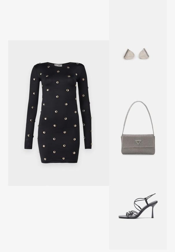 Crna haljina dugih rukava ukrašena zlatnim okruglim detaljima, sa tijesnim siluetom i okruglim izrezom.; Crne sandale na visokoj potpetici imaju tanke trake s čvorastim dizajnom, glatki kvadratni vrh i elegantnu stiletto petu.; Svijetlosivi metalik ruksač s lancem, ukrašen malim okruglim metalnim zakovicama i trokutastim logotipom marke.; Srebrne metalne naušnice s glatkim, oblikom suze i poliranim završetkom. Suptilni utori dodaju detalje. Minimalistički dizajn.
