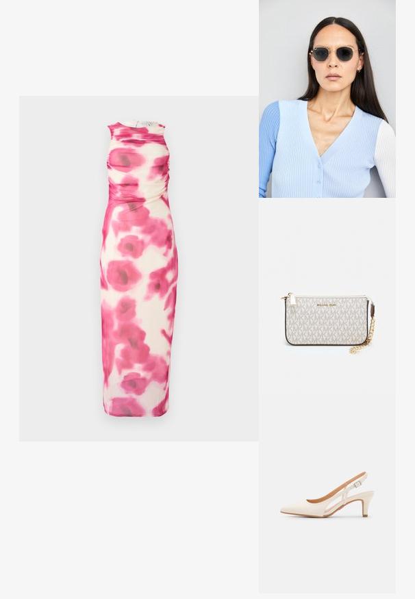 Bez rukava, ružičasta i krem midi haljina s nabranošću; sadrži cvjetni uzorak i okrugli izrez, izrađena od lagane tkanine.; Bijela slingback peta s oštrim vrhom, glatkim gornjim materijalom, niskom blok peta te dizajnom s bočnim izrezom i podešivom kopčom.; Ok Runde sunčane naočale s tamnim staklima i zlatnim okvirom. Model nosi svijetloplavi rebrasti kardigan s gumbima i kontrastnim bijelim rukavima.; Michael Kors novčanik na zapešću u bež premazanoj tkanini s ponavljajućim uzorkom MK loga, zlatnim hardverom i odvojivim lancem za nošenje.