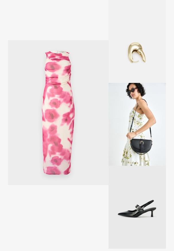 Uten ermer rosa og kremfarget midi-kjole med rynkedesign; har et blomstermotiv og rund hals, laget av lett stoff.; Svarte patent lær slingback hæler med spiss tå og en liten blokkheel, med en sølvspenne som detalj på stroppen.; Svart lærveske med en buet form, avtagbar stropp og gullbeslag. Vesken har et klaff med spenne-detall.; Gullfarget metalløredobber med et elegant, buet design. Har en karakteristisk spiss form, polert overflate og hengsel-lukking.