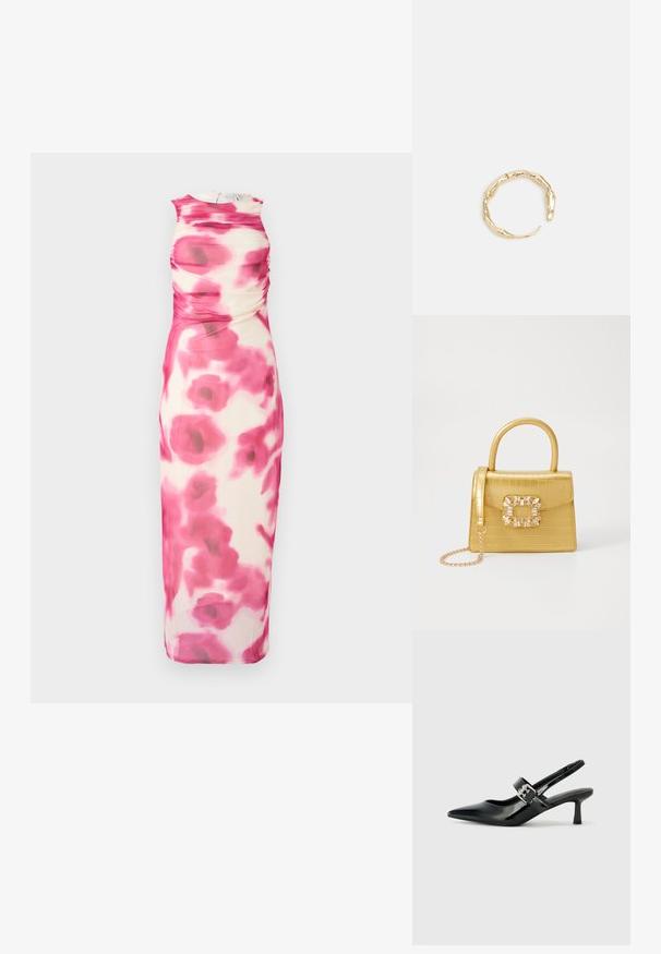 Ärmelloses pinkes und cremefarbenes Midi-Kleid mit Raffung; es ist mit einem Blumenmuster und einem Rundhalsausschnitt versehen und besteht aus leichtem Stoff.; Schwarze Lackleder Slingback-Absätze mit spitzem Zeh und kleinem Blockabsatz, ausgestattet mit einem silbernen Schnallenakzent am Riemen.; Gelbe Kunstleder-Handtasche im Krokodil-Look mit strukturiertem Design, Obergriff, abnehmbarem Kettenriemen und dekorativer Kristallverzierung am Verschluss.; Goldfarbener Ring mit einem organischen, gedrehten Design, glatter Oberfläche und sich verjüngenden Enden, was ein modernes, skulpturales Erscheinungsbild erzeugt.