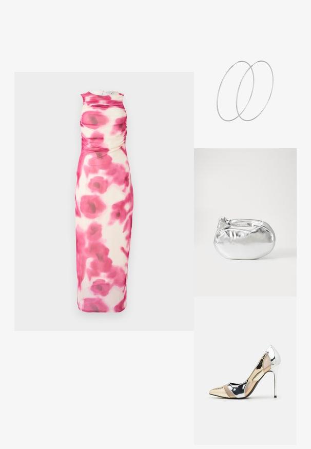 Ružové a krémové midi šaty bez rukávov s naberaním; majú kvetinový vzor a okrúhly výstrih, vyrobené z ľahkej tkaniny.; Lodičky s špičatou špičkou v striebornom, zlatom a telovom farebnom prevedení. Lesklý povrch s výrezovým dizajnom, s ihlovým opätkom.; Strieborná metalická taška s mäkkým, zaobleným tvarom a uzáverom s uzlíkom. Vyrobená z hladkej syntetickej kože.; Strieborné kruhové náušnice s minimalistickým dizajnom. Cirkulárny tvar, hladký povrch a tenký profil. Ľahké s lesklým povrchom.