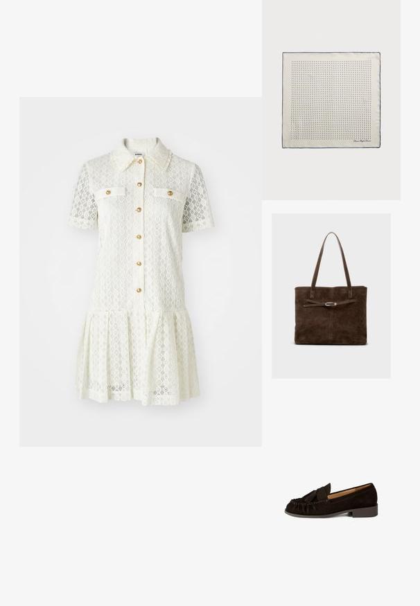 Robe en dentelle crème avec des manches courtes, un col, des boutons dorés et deux poches poitrine. Jupe évasée avec un détail en bordure scallopée.; Mocassins en daim marron avec un bout arrondi, des détails plissés et un petit accent de glands. Dotés d'un talon bas légèrement empilé.; Foulard en soie crème avec une bordure marine, présentant des pois marins régulièrement espacés formant un motif. Signature imprimée dans un coin.; Sac fourre-tout en daim marron avec de longues poignées, présentant un corps plat et une sangle décorative ornée de quincaillerie en ton argent.