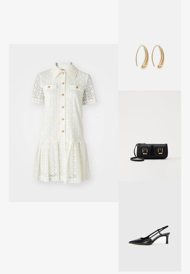 Spitzenkleid in Creme mit kurzen Ärmeln, Kragen, goldenen Knöpfen und zwei Brusttaschen. Ausgestellter Rock mit gewelltem Saumdetail.; Schwarze Lack-Slingback-Pumps mit spitzem Zehenbereich, versehen mit strukturiertem Schlangenprint, verstellbarem Riemen und einem kurzen, strukturierten Blockabsatz.; Schwarze Leder-Umhängetasche mit zwei vorderen Taschen, goldenen Schnallen, Reißverschluss und einem schmalen Tragegurt. Texturierte Oberfläche und kompakte rechteckige Form.; Goldfarbene Metall-Hoops mit einer geschwungenen, länglichen Form. Sie verfügen über eine glatte, glänzende Oberfläche und eine abgerundete Spitze für zusätzliche Details.