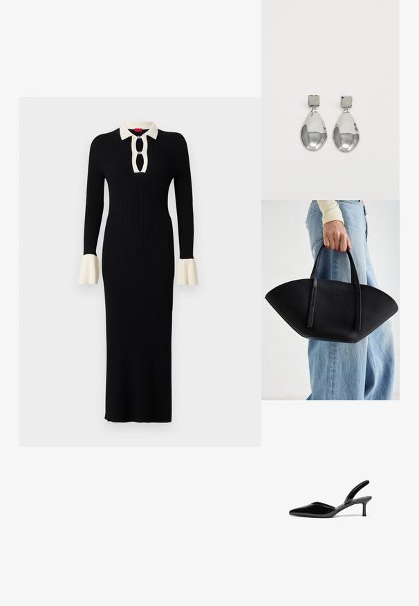 Svart ribbet langermet kjole med en kremfarget krage og mansjetter, med en nøkkelhull-utringning og utvidede erme-detaljer.; Sorte patent lær slingback-heler med spiss tå, lav stilettostøvel og et stilrent, enkelt design uten dekorasjoner.; Svart skinnveske med en unik vifteform, med flate håndtak. Overflaten har en pebblelignende tekstur og et minimalistisk design.; Sølv dråpeøreringer med firkantet studs, med en glatt, polert overflate og en tåreformet design som reflekterer lys med en blank overflate.