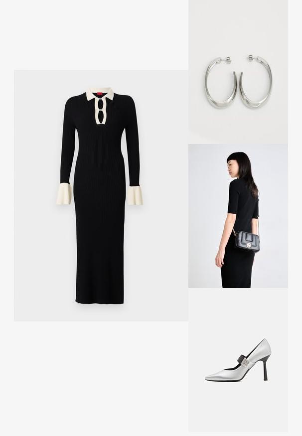 Zwart geribbeld langmouwjurk met een roomkleurige kraag en manchetten, met een keyhole-halslijn en uitlopende mouwaccenten.; Zilveren lederen hoge hak schoenen met een puntige teen, zwarte bandaccenten en glanzende afwerking, met een slanke silhouet en dunne hak.; Zwarte leren schoudertas met een gouden sluiting, gequilt ontwerp en kettingband. Compacte rechthoekige vorm, minimalistische hardware accenten.; Zilveren oorringen met een gladde, gebogen vorm. Voorzien van een glanzende metallic afwerking en studsluiting. Geen zichtbare patronen of accenten.
