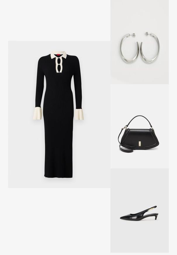 Schwarz gestreiftes langärmeliges Kleid mit einem elfenbeinfarbenen Kragen und Manschetten, ausgestattet mit einem Schlüsselloch-Ausschnitt und ausgestellten Ärmelakzenten.; Schwarze Leder-Slingback-Pumps mit spitzem Schuhblatt, ausgestattet mit einem schlanken Absatz und einem goldfarbigen Akzent am verstellbaren Riemen. Glatte Textur.; Schwarze Lederhandtasche mit einem strukturierten Design, das eine verkürzte Form, einen oberen Griff und goldfarbene Hardware-Details aufweist. Verstellbarer Schulterriemen ist enthalten.; Silberne Creolen mit einem glatten, geschwungenen Design. Mit einem glänzenden metallischen Finish und Steckverschluss. Keine sichtbaren Muster oder Akzente.