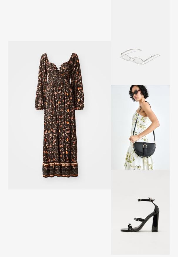 Fekete virágmintás maxiruha hosszú puffos ujjakkal, köralakú nyakkivágással, ráncolt felsőrészével és mintás szegéllyel. Színes virágos mintákkal díszítve.; Fekete lakk magas sarkú szandál négyzet alakú orral, bokapántokkal és ezüst csatokat tartalmaz. Masszív blokk sarka a stabilitásért felel.; Ovális szemüveg fém ezüst kerettel, átlátszó lencsékkel és texturált gyöngyös szárakkal. Könnyű kialakítás ívelt karokkal.; Fekete bőrtáska ívelt formával, levehető pánttal és arany színű fémrészekkel. A táskán egy csattal díszített fedél található.