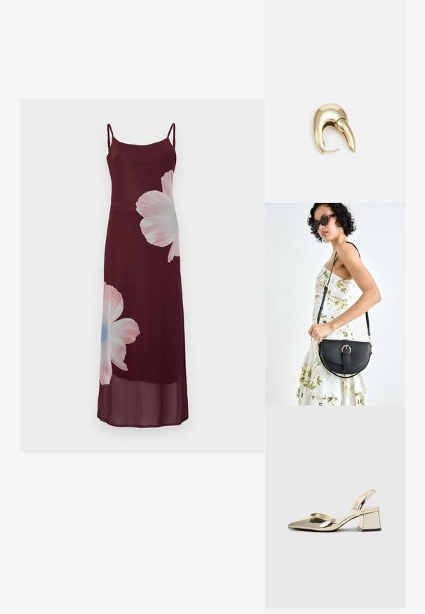 Vestido maxi burgundy com alças finas, apresentando grandes estampas florais em rosa claro e azul na parte da frente. Feito de um tecido leve e transparente.; Sapatos de salto alto metálicos dourados, com biqueira em ponta e salto grosso. Textura suave, design minimalista e uma tira estreita.; Bolsa de couro preta com forma curva, alça destacável e detalhes em dourado. A bolsa possui uma aba com detalhe de fivela.; Brinco em metal dourado com um design elegante e curvo. Apresenta uma forma pontiaguda distinta, superfície polida e fecho por dobradiça.