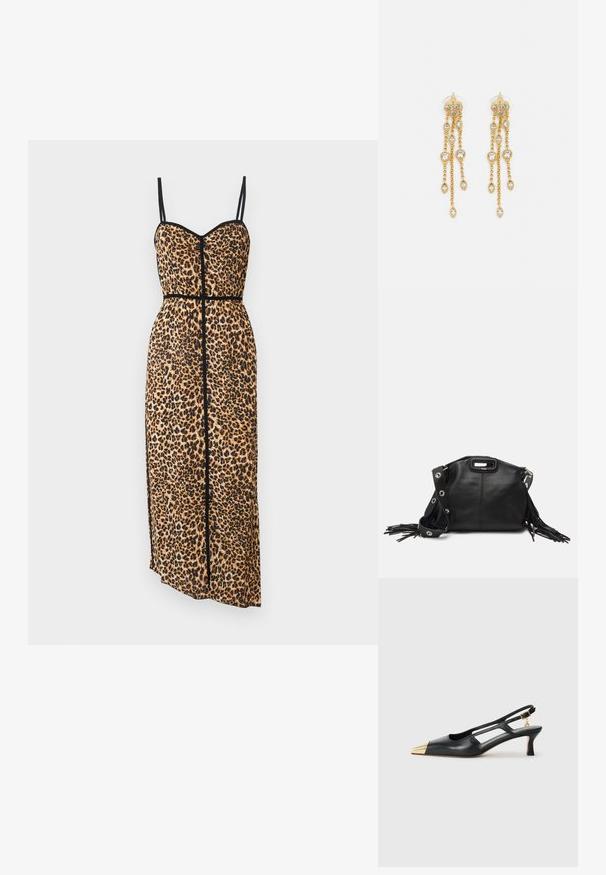 Haljina bez rukava s uzorkom leoparda i crnim detaljima; prilagođena tijelu, lepršava suknja i bočni prorez. Napravljena od lagane, teksturirane tkanine.; Crne kožne sandale s otvorenom petom i šiljastim vrhom, zlatni metalni vrh. Imaju izrezbareni dizajn i vitku petu s podesivim remenom.; Maje MISS MINI - Torba preko tijela - noir; Zlatne naušnice s višestrukim kaskadnim lancima, s prozirnim ovalnim cirkonima i dekorativnim šiljcima na vrhu.