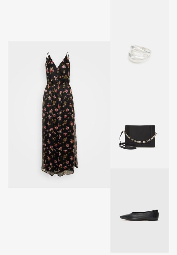 Czarna, kwiatowa sukienka maxi z cienkimi ramiączkami, z dekoltem w kształcie litery V, podkreśloną talią i przezroczystą narzutą. Wzór kwiatowy w odcieniach różu i złota.; Czarne baleriny z lakierowanej skóry, spiczasty nosek, minimalistyczny design, gładka faktura, niskie obcasy, bez widocznych elementów metalowych czy ozdób.; Czarna skórzana torebka typu crossbody z gładką teksturą, prostokątnym kształtem oraz metalowym detalem w postaci łańcuszka z przodu. W zestawie regulowany pasek.; Srebrna obrączka podwójna z gładką, polerowaną powierzchnią. Posiada płynny, zakrzywiony kształt z nakładającymi się sekcjami, co nadaje nowoczesny wygląd.