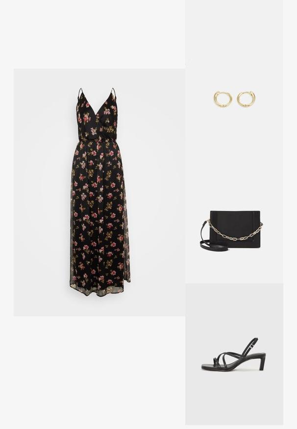 Maksimekko mustalla kukkakuviolla, jossa on ohuet hihnat, V-mallinen kaula-aukko, vyötäröä korostava malli ja läpikuultava päällyskerros. Kukkakuosi vaaleanpunaisen ja kullan sävyissä.; Mustat hihnalligat, joissa on neliön muotoinen kärki ja matala lohkokorko. Ominaisuuksiin kuuluu useita ohuita hihnoja ja säädettävä nilkkahihna. Valmistettu sileästä nahasta.; Musta nahkainen olkalaukku, jossa on sileä pinta, suorakulmainen muoto ja metalliketju yksityiskohtana edessä. Mukana säädettävä hihna.; Kultaketjuveljet, joissa on sileä ja pyöristetty muotoilu. Varustettu pienellä saranalukolla, kevyen näköinen ja kiiltävä pinta.