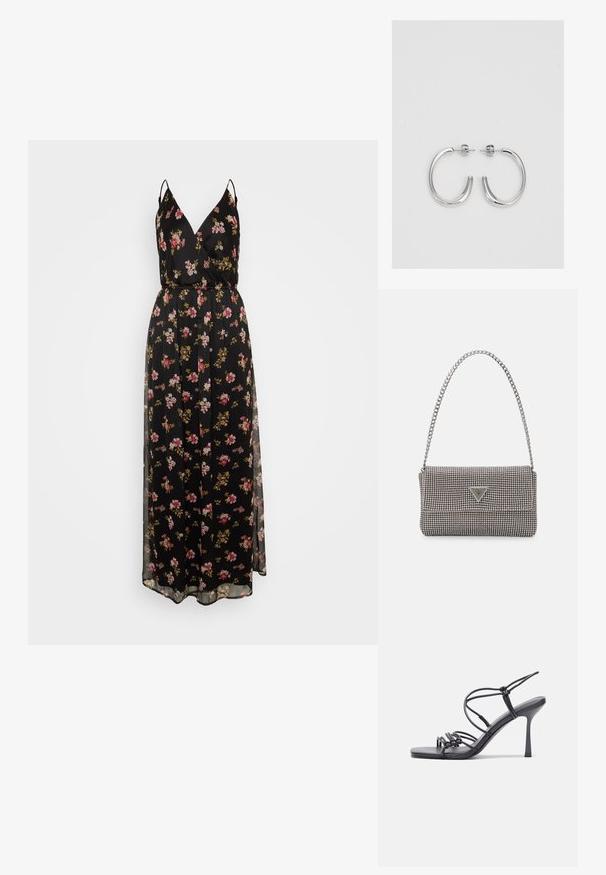 Crna cvjetna maksi haljina s tankim naramenicama, s V-izrezom, strukirana i s prozirnim slojem. Cvjetni uzorak u nijansama ružičaste i zlatne.; Crne sandale na visokoj potpetici imaju tanke trake s čvorastim dizajnom, glatki kvadratni vrh i elegantnu stiletto petu.; Svijetlosivi metalik ruksač s lancem, ukrašen malim okruglim metalnim zakovicama i trokutastim logotipom marke.; Srebrne naušnice u obliku obruča sa glatkom, sjajnom površinom, zakrivljenog oblika i zatvaranjem na čep. Minimalistički dizajn s modernim završetkom.