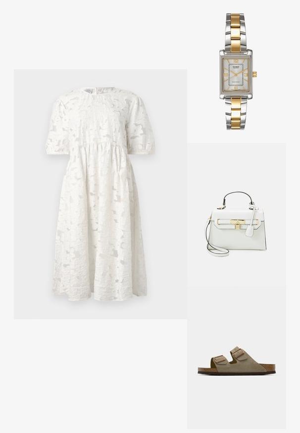 Fehér ruha, mely texturált anyagból készült virágmintával, rövid puffos ujjal és kerek nyakkivágással. A szabása laza.; Világos taupe velúr szandál két állítható pánttal és rózsaarany díszítéssel. Parafa talp egy texturált barna talpon. Nyitott orrú kialakítás.; Fehér kézitáska krokodilbőr textúrával, arany hardware-rel, felső fogantyúval és levehető vállpánttal; zárható fedéllel és minimalista dizájnnal rendelkezik.; Casio kvarcóra téglalap alakú ezüst számlappal, arany díszítésekkel és két színű fém karkötővel ezüst és arany színben. Vízzáró funkcionalitás.