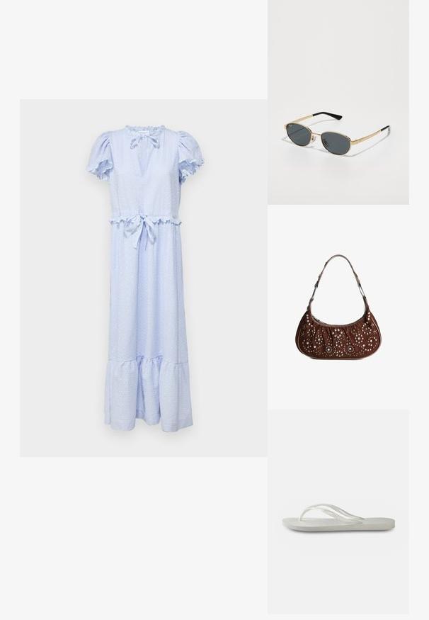 Rochie bleu deschis confecționată dintr-un material texturat, cu mâneci bufante, decolteu legat și tiv volărat. Cu lungime medie și talie ajustată.; Flip-flop alb cu o talpă texturată, având bretele subțiri și un design plat. Fabricat din cauciuc, cu un logo subtil pe talpa interioară.; Ochelari de soare din metal aurit, cu lentile ovalate gri, brațe subțiri și vârfuri din plastic negru. Prezintă logo pe ramă și apoițe de nas ajustabile.; Geantă de umăr din suede maro cu formă de semilună, decorată cu studuri rotunde argintii și aurii, cu motive florale și circulare.