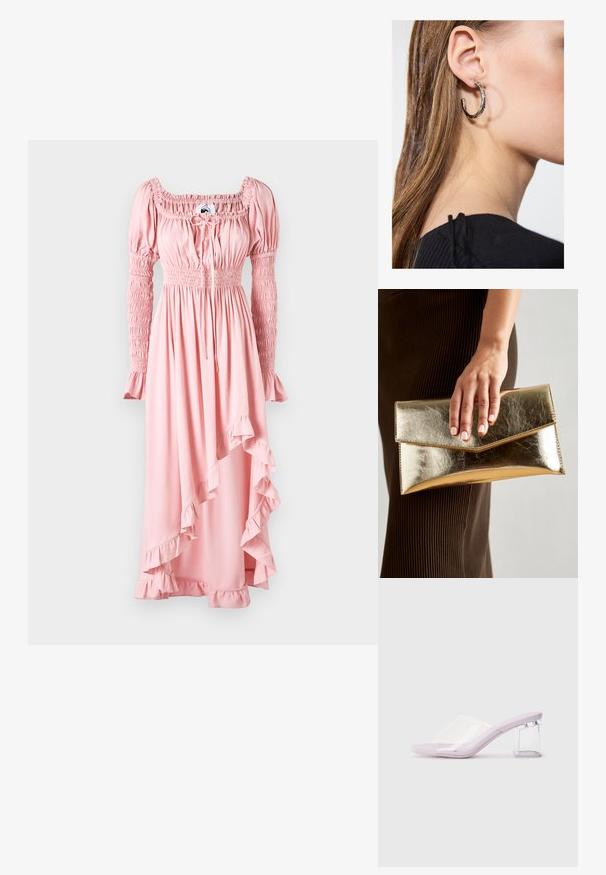 Rožinė maksi suknelė su ilgomis pūkuotomis rankovėmis, raukšlėta liemenėle ir volanėlėmis. Pagaminta iš minkštos medžiagos su laisvu siluetu.; Šviesiai violetinės aukštakulnės šlepetės su skaidriu plastikiniu priekiniu sieneliu ir permatomu blokiniu kulnu. Lygus paviršius, atviras pirštų dizainas, minimalistinė forma.; Auksinės metalinės rankinės su lygiu paviršiumi, kuri turi trikampio formos užsegimą. Ranką laikančioji turi tvarkingai prižiūrėtus nagus.; Sidabrinė lankinė auskarai su poliruotu paviršiumi, turintys mažus auksinius akcentus ir apvalią formą, dėvimi ant ausies kaušelio.