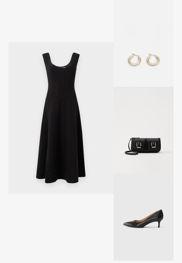 Fekete ruha tág nyakú kivágással, ujjatlan kialakítással és bővülő A-vonalú sziluettel. Vertikális varrási részletekkel a struktúra érdekében.; Fekete bőrpumpa hegyes orral, alacsony sarokkal és sima felülettel. Elöl enyhe nyílással rendelkezik, hátul pedig minimális részletezéssel.; Fekete bőr keresztbody táska két elülső zsebbel, arany csattokkal, cipzáras záródással és vékony pánttal. Textúrált felület és kompakt téglalap alak.; Lauren Ralph Lauren BASIC SMALL HOOP - Fülbevalók - gold-coloured