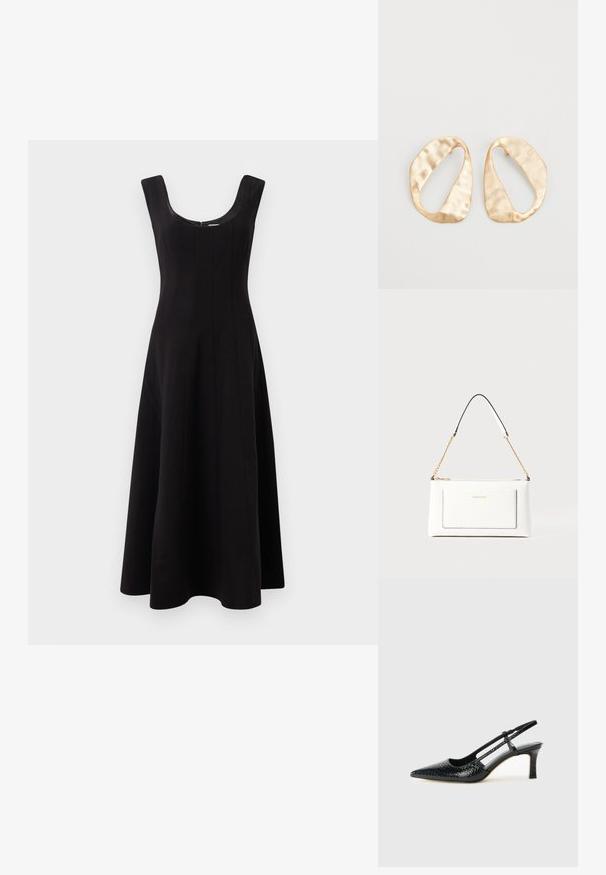 Czarna sukienka z okrągłym dekoltem, bez rękawów i rozkloszowanym krojem A-line. Posiada pionowe szwy dla dodatkowej struktury.; Czarne lakierowane czółenka na obcasie typu slingback z wąskim noskiem, z teksturowanym wzorem wężowym, regulowanym paskiem oraz krótkim, teksturowanym obcasem w kształcie słupka.; Biała skórzana torebka o teksturowanym wykończeniu, z złotą łańcuszkową rączką i czarnymi akcentami. Zawiera przednią kieszeń oraz zamek błyskawiczny.; Para nieregularnych, owalnych kolczyków ze złotego metalu o teksturowanej, lekko młotkowanej powierzchni na białym tle.