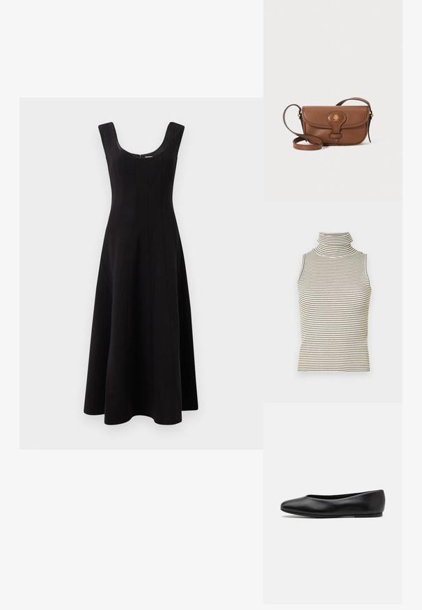 Černé šaty s kulatým výstřihem, bez rukávů a rozšířenou siluetou ve tvaru A. Obsahují vertikální švy pro strukturu.; Top bez rukávů s vysokým, těsným rolákem a vertikálními černobílými pruhy, vyrobený z texturované pleteniny.; Paul Smith TOPANGA - Klasické baleríny - black; Hnědá kožená crossbody taška s zakulaceným klopou, zlatými kovovými prvky a dekorativním logem. Popruh je nastavitelný a má hladkou texturu.