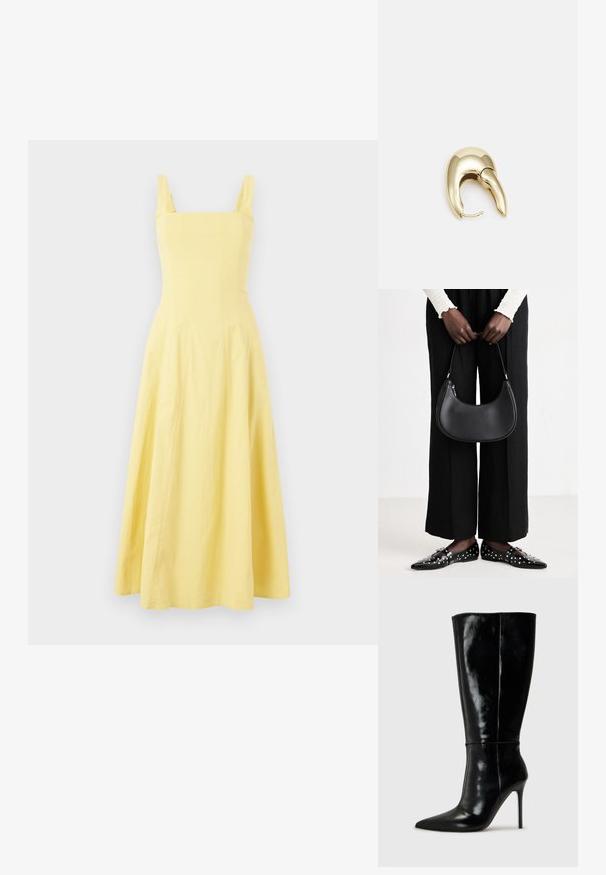 Sleeveless yellow midi dress with a square neckline, fitted bodice, and flared skirt. Made of lightweight fabric with a smooth texture.; Black leather knee-high boots with a pointed toe and high stiletto heel. Smooth texture and sleek design, featuring minimal detailing.; Black leather shoulder bag with a rounded shape, glossy finish, and silver hardware. Person wearing black wide-leg pants and studded loafers.; Gold-tone metal earring with a sleek, curved design. Features a distinctive pointed shape, polished surface, and hinge closure.