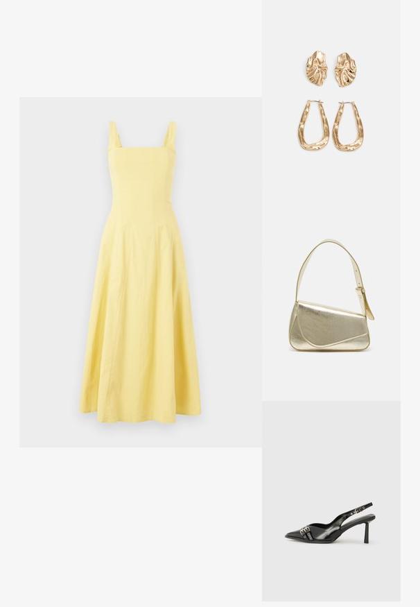 Bezramenné žluté midi šaty se čtvercovým výstřihem, těsným tělem a rozšířenou sukní. Vyrobeno z lehkého materiálu s hladkou strukturou.; Černá lakovaná slingback obuv s špičatou špičkou, kotníkovými pásky s kovovými sponami a příslušenstvím, a štíhlým podpatkem.; Zlatá metalická kabelka se strukturovaným designem, hladkým povrchem a nastavitelným popruhem. Disponuje unikátním trojúhelníkovým tvarem a minimalistickým prošitím.; Náušnice ve zlatém tónu s texturovanými, vlnitými tvary. Obsahují sochařské klipy a design otevřeného kruhu s kladivkovým povrchem.