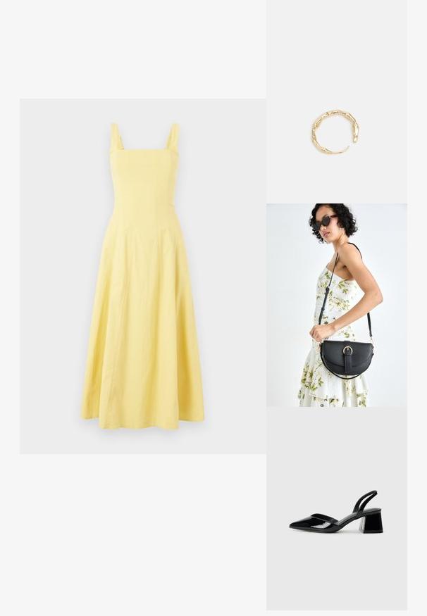 Bezdedzīgs dzeltenais midi kleita ar kvadrātveida izgriezumu, pieguļošu augšu un izplestu svārku. Izgatavota no viegla auduma ar gludu tekstūru.; Melna lakota āda ar atvērto papēdi, ar smailu purngalu un ģeometrisku blokpapēdi. Iezīmējas elegants, minimāls dizains un gluda tekstūra.; Melnas ādas rokassoma ar izliekta formu, noņemamu siksnu un zelta aksesuāriem. Somai ir vāciņš ar sprādzes detaļu.; Zelta toņa gredzens ar organisku, vērptu dizainu, gludu virsmu un sašaurinātiem galiem, radot mūsdienīgu, skulpturālu izskatu.