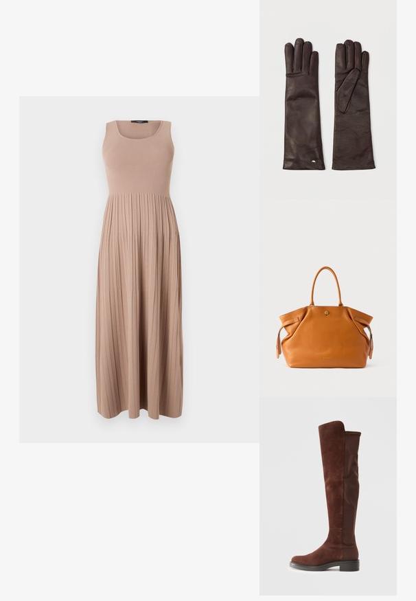 Maksiline kleita no soft ribbed auduma, smilšu krāsā. Iezīmēta ar pieguļošu krūšu daļu ar apaļu kakla izgriezumu un plūstošu, pleitu svārku. Vienkāršs dizains.; Augstas brūnas zamšā un audumā izgatavotas zābakus ar zemu melnu papēdi un noapaļotu purngalu, attēlotas sānos uz vienkrāsu baltā fona.; Tumši brūna ādas somiņa ar divām izturīgām rokturiem, augšējo rāvējslēdzēja aizdari un sānu dekorācijām. Raksturīga fakturēta virsma un zelta emblēma priekšpusē.; Divas garās tumši brūnas ādas cimdi, izvietoti plakni, redzamā šuvējumā un ar nelielu sudraba detaļu tuvu vienas cimda plaukstas locījumam.