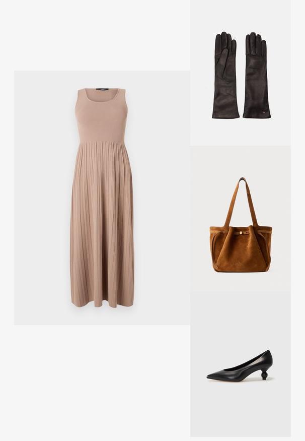 Maxi-jurk in zachte ribcordstof, tan kleur. Heeft een aansluitend bovenstuk met een ronde halslijn en een vloeiende, geplooide rok. Eenvoudig ontwerp.; Zwarte leren hoge hak schoen met een spitse neus en een ronde, bolle hak. Gladde textuur met een elegant, minimalistisch ontwerp.; Bruine suède totebag met dubbele handvaten, een knoopsluiting en een ontspannen, iets slonzige vorm.; WEEKEND MaxMara SENAPE - Handschoenen - nero