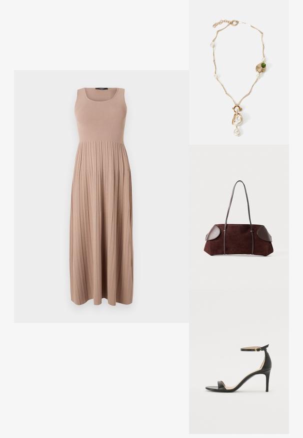 Robe maxi en tissu côtelé doux, couleur beige. Présente un corsage ajusté avec un décolleté arrondi et une jupe fluide et plissée. Design simple.; Sandale à talons hauts en cuir noir avec une lanière de cheville. Présente une texture lisse, un bout ouvert et un talon fin. Détail de boucle en ton doré.; Sac en daim marron avec des accents en cuir, forme structurée, double poignées, bords arrondis, présentant une texture lisse et un matériel minimal.; Collier doré avec des maillons torsadés, perles blanches et une pierre verte en accent. Présente des détails raffinés et un fermoir pour la fermeture.