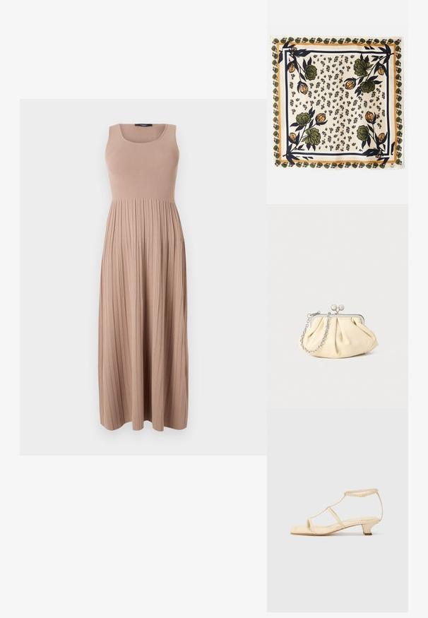 Maxi obleka iz mehke rebraste tkanine v svetlo rjavi barvi. Opremljena je z oprijetim zgornjim delom in krojačnim izrezom ter zračnim, drapiranim krilom. Enostaven dizajn.; Bež sandali na visoki peti s T-trakom, kvadratnim prstom, nastavljivim čevljem za gleženj in nizkim blok petom. Material iz gladke usnje.; Svila šala z bež ozadjem in cvetličnimi motivi v zeleni in oranžni barvi. Obkrožena z motivirano obrobo v zeleni barvi.; Zavihani bež usnjeni nahrbtnik s srebrnim kovinskim okvirom, ki ima dve okrogli okrasni zaponki in srebrno verižico.