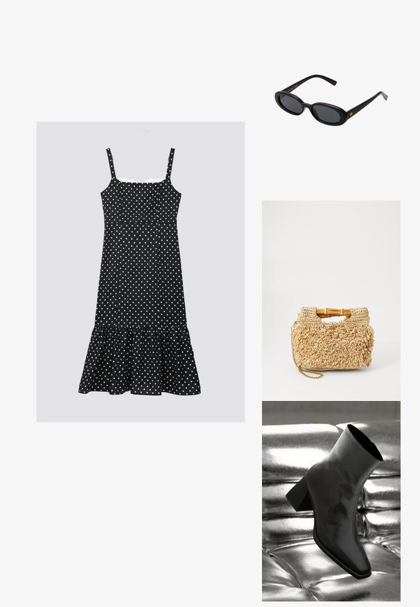 Crna haljina s točkicama s podesivim trakicama, uskim korzetom i volanima na rubu. Izrađena od lagane tkanine, s bijelim točkicama.; Crni gležnjača napravljena od sjajnog materijala sa četvrtastim vrhom i suženom petom, postavljena protiv srebrne sjajne pozadine sa nabranim uzorkom.; Crne velike sunčane naočale s ovalnim staklima, glatkim plastičnim okvirom i zlatnim detaljima na sljepočnicama. Tamna stakla pružaju zaštitu od sunca.; Torba od tkanog slame s drvenim ručkama od bambusa, s teksturiranim dizajnom resica u prirodnoj bež boji i zlatnim lanca remenom.