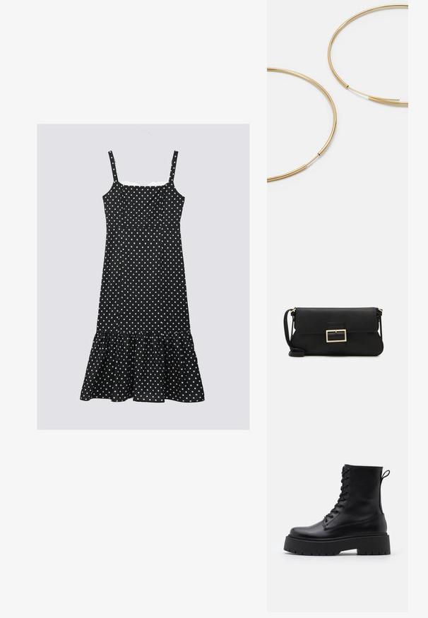 Črna obleka s pikami z nastavljivimi naramnicami, prilegajočim se topom in volanastim robom. Narejena iz lahkega materiala, s belimi pikami.; Črne usnjene gležnjarje z okroglo konico, vezalnim sprednjim delom in debelim gumijastim podplatom z teksturiranim profilom. Zanka na hrbtni strani.; Črna usnjena torbica na preklop z zlato kovinsko zaponko. Vključuje črn trak in eleganten, minimalističen dizajn.; Zlate obroče ušesne uhane, tanke in krožne oblike, z gladko kovinsko površino brez okrasnih elementov ali vzorcev.