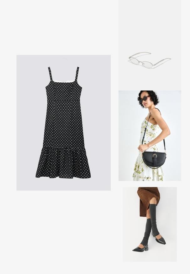 Svart kjole med prikker, justerbare stropper, en tettsittende bodice og volangkant. Laget av lett stoff med hvite prikker.; Sorte lakkpumps med spiss tå, blokkhel, og ankelstropp, kombinert med grå ribbestrikkede beinvarmere og et brunt semsket skinn skjørt.; Ovale briller med en metallic sølvramme, klare linser og teksturerte perleakkenter på bøyler. Lett design med buede armer.; Svart lærveske med en buet form, avtagbar stropp og gullbeslag. Vesken har et klaff med spenne-detall.
