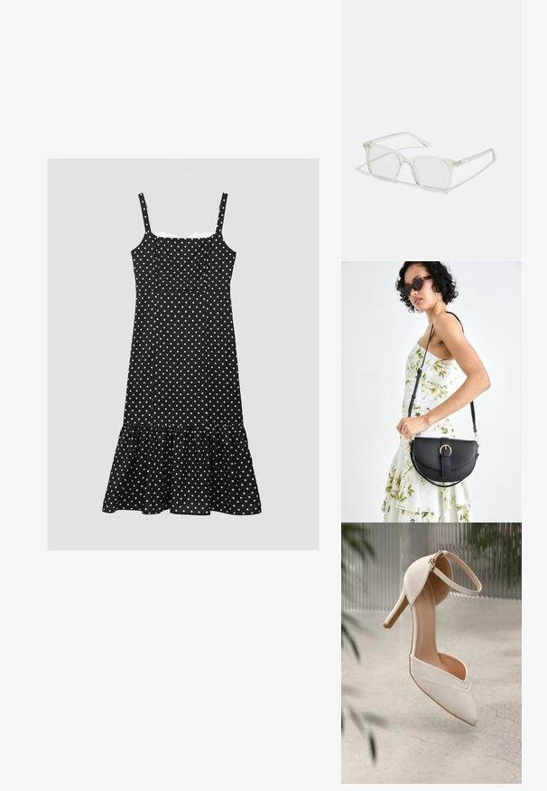 Crna haljina s točkicama s podesivim trakicama, uskim korzetom i volanima na rubu. Izrađena od lagane tkanine, s bijelim točkicama.; Bijela visoka potpetica u glatkom materijalu s oštrim vrhom i remenom oko gležnja. Ima svijetlosmeđi unutrašnjost i akcentu u zlatnoj boji.; Prozirne plastične naočale kvadratnog okvira s prozirnim lećama, koje sadrže zlatne akcentne detalje na drškama.; Crna kožna torba s lukovitim oblikom, odvojivim remenom i zlatnim detaljima. Torba ima preklop s kopčom.