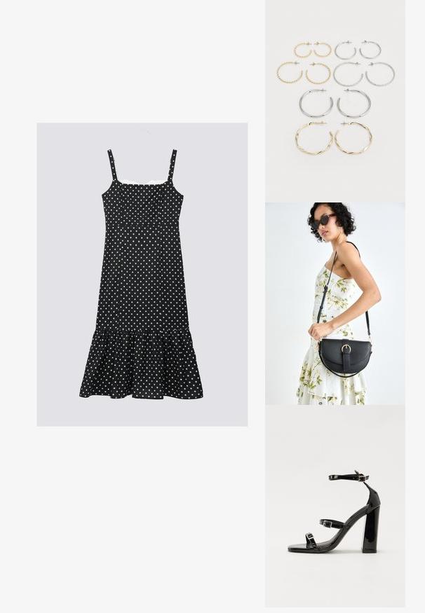 Fekete pöttyös ruha állítható pántokkal, testhez simuló felsőrésszel és fodros szegéllyel. Könnyű anyagból készült, fehér pöttyökkel.; Fekete lakk magas sarkú szandál négyzet alakú orral, bokapántokkal és ezüst csatokat tartalmaz. Masszív blokk sarka a stabilitásért felel.; Fekete bőrtáska ívelt formával, levehető pánttal és arany színű fémrészekkel. A táskán egy csattal díszített fedél található.; Tizenkét darabból álló fülgyűrű készlet ezüst és arany árnyalatokban. Csavarodott, sima és texturált mintázatokat ölel fel, különböző méretekben és felületekkel.