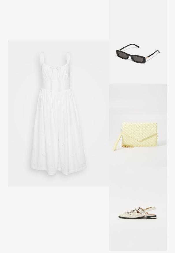 Bijela haljina od lagane tkanine s kvadratnim izrezom, podesivom vezicom i vezivim cvjetnim uzorcima po cijeloj površini. Lepršava suknja.; Sandalice sa zatvaračem u bijeloj koži s višestrukim širokim trakama i srebrnim kopčama; ravni potplat s malim crnim potpeticama i metalnim akcentima.; Crne pravokutne sunčane naočale s tamnim lećama, sjajnim plastičnim okvirom i zlatnim akcentima na sljepoočnicama. Minimalistički dizajn i elegantan oblik.; Žuta pletena novčanica s preklopnim dizajnom, odvojivim remenom za zapešće i zlatnim lancem kao ukrasom. Glatka tekstura i pravokutni oblik.; Srebrne kružne naušnice s glatkom, poliranom površinom. Okrugli oblik i sigurno kopčanje na klik. Lagani dizajn pogodan za svakodnevno nošenje.