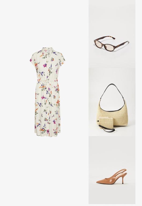 Kvetinové midi šaty z krémovej látky; majú krátke rukávy, golier, zapínanie na gombíky a pás na stiahnutie; zdobené purpurovými a oranžovými kvetmi.; Sandal s úzkym podpätkom a špicatou špičkou v hladkej lesklej hnedej materiáli. Obsahuje zakrivený výrez a štíhly ihlový podpätok. Strieborný prackový detail.; Kocúrkové slnečné okuliare s guľatým tvarom a svetlými sklami. Majú robustné ramená s malými zlatými akcentmi, vyrobené z plastového materiálu.; Tkaná slamenná kabelka s prehnutým siluetom, vybavená hladkým čiernym koženým popruhom a zodpovedajúcou malou taštičkou pripevnenou pomocou zápästného popruhu.