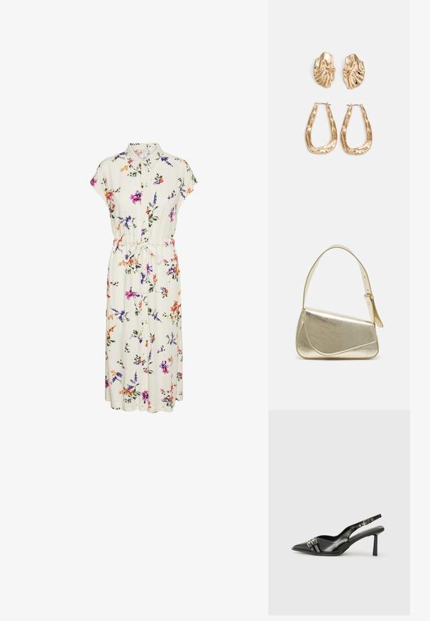 Cvjetna midi haljina od kremaste tkanine; ima kratke rukave, ovratnik, gumbiće sprijeda i pojas s vezicom; ukrašena je ljubičastim i narančastim cvjetovima.; Crna lakirana slingback cipela s izduženim vrhom, remenčićima oko gležnja s srebrnim kopčama i dijelovima, te vitkim potplatom.; Zlatna metalna torba s uređenim dizajnom, glatkom teksturom i podesivim remenom. Ima jedinstven trokutasti oblik i minimalističko šivanje.; Naušnice zlatne boje s teksturiranim, valovitim oblicima. Uključuju skulpturalne kopče i dizajn otvorene kružnice s kovanom završnom obradom.