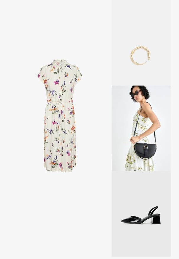 Gėlių midi suknelė kreminės spalvos audinyje; turi trumpas rankoves, apykaklę, sagų priekį ir raištelį liemens srityje; puošta violetinėmis ir oranžinėmis gėlėmis.; Juodos lakuotos odinės šlepetės su smailiu pirštu ir geometriniu bloko kulnu. Turi elegantišką, minimalistinį dizainą ir lygų paviršių.; Juodas odinis krepšys su išlenkta forma, nuimamu dirželiu ir auksiniais detalėmis. Krepšys turi kilpą su sagtimi.; Auksinės spalvos žiedas, turintis organišką, sukimosi dizainą su lygiu paviršiumi ir siaurėjančiais galais, sukuriantis modernią skulptūrinę išvaizdą.