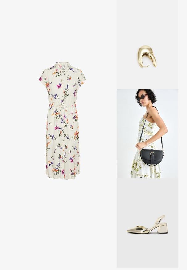 Kvetinové midi šaty z krémovej látky; majú krátke rukávy, golier, zapínanie na gombíky a pás na stiahnutie; zdobené purpurovými a oranžovými kvetmi.; Zlaté kovové lodičky na podpätku so špicatou špičkou a robustným podpätkom. Hladký povrch, minimalistický dizajn a úzka remienok.; Čierna kožená kabelka s zaobleným tvarom, odnímateľným popruhom a zlatými doplnkami. Kabelka má klopu s detailom s prackou.; Náušnice z kovu v zlatej farbe s elegantným, zakriveným dizajnom. Majú charakteristický špicatý tvar, leštený povrch a uzáver na pánt.