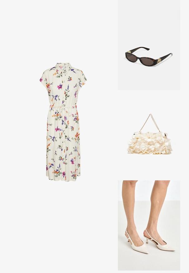 CVETNA MIDILLETA V KREMASTEM MATERIALU; ZNAČILNA KRATKA ROKAVA, OVRATNIK, GUMBNA SPREDNJA STRAN IN VLEČNA PAS; OKRAŠENA S PURPURNO IN ORANŽNO CVEKLO.; Bež lakirane usnjene čevlje na peto s koničastim nosom in 5 cm visokim peto, ki imata izrezane stranice in tanko zanko okoli gležnja.; Kornjačaste sunčane naočale s izduženim ovalnim lećama, smeškim tonovima, zlatnim logotipom na drškama i elegantnim crnim rukohvatima.; Bela cvetlična torbica z nabranim tekstilom, zlato obarvana veriga za nošenje in kovinski ključ. Ima strukturirane cvetne liste za dodano podrobnost.