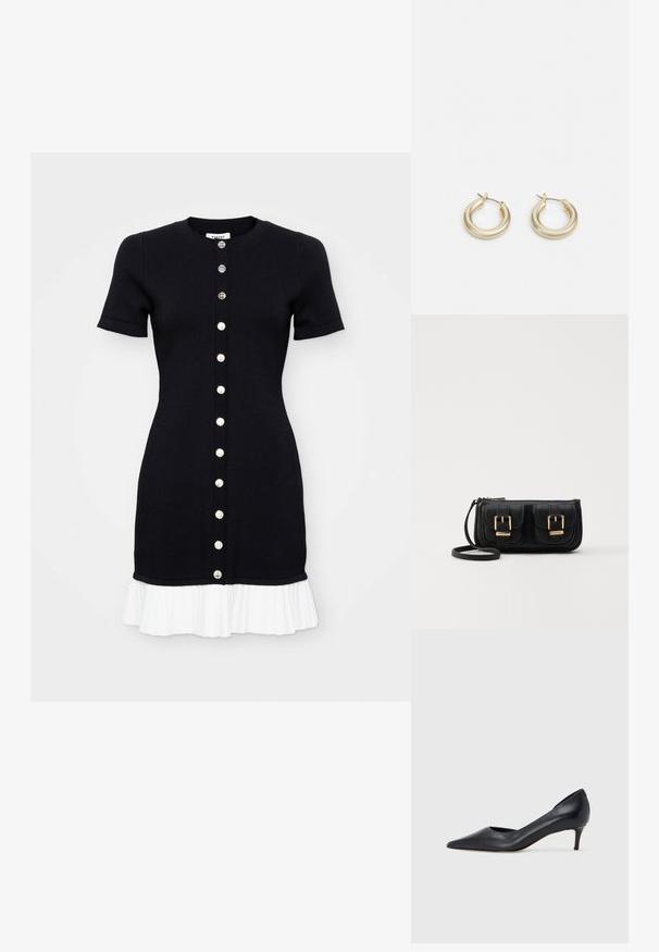 Schwarzes Strickkleid mit kurzen Ärmeln, rundem Ausschnitt und weißem, gefaltetem Saum. Verfügt über eine vorne befindliche Knopfleiste mit kontrastierenden Knöpfen.; Schwarzer Pumps aus Leder mit spitzer Zehenpartie und niedrigem Absatz. Verfügt über eine glatte Textur und dezenten Glanz. Vordere Öffnung für ein zusätzliches Detail.; Schwarze Leder-Umhängetasche mit zwei vorderen Taschen, goldenen Schnallen, Reißverschluss und einem schmalen Tragegurt. Texturierte Oberfläche und kompakte rechteckige Form.; Lauren Ralph Lauren BASIC SMALL HOOP - Ohrringe - gold-coloured