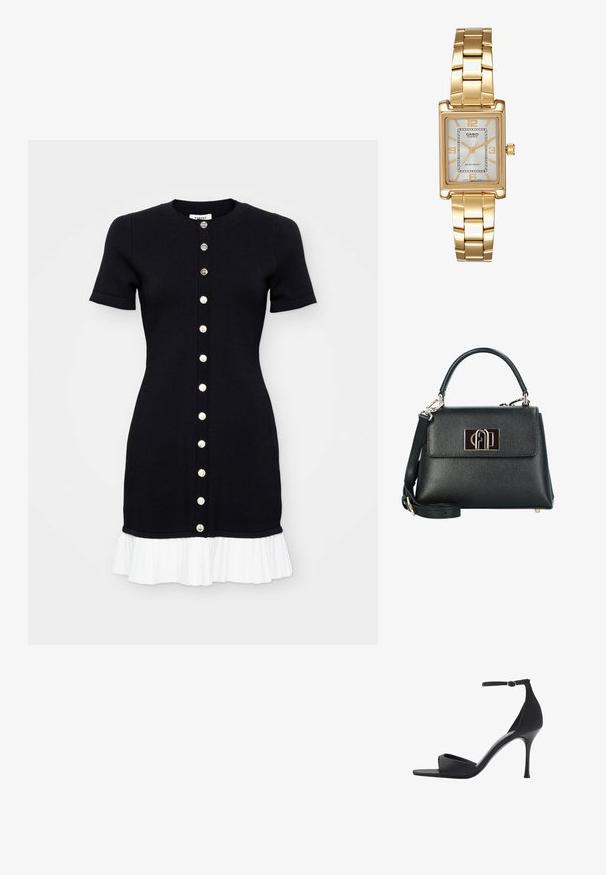 Černé pletené šaty s krátkým rukávem, kulatým výstřihem a bílým skládacím lemem. Obsahují přední zapínání na knoflíky s kontrastními knoflíky.; Mango Sandály na vysokém podpatku - black; Černá kožená kabelka s texturou a strukturovaným tvarem, vybavená vrchním uchem, odnímatelným ramenním popruhem a zapínáním s logem ve zlaté barvě.; Zlatý obdélníkový náramkový hodin s bílým ciferníkem, stříbrnými indexy a odolným kovovým náramkem. Obsahuje voděodolnou funkci.
