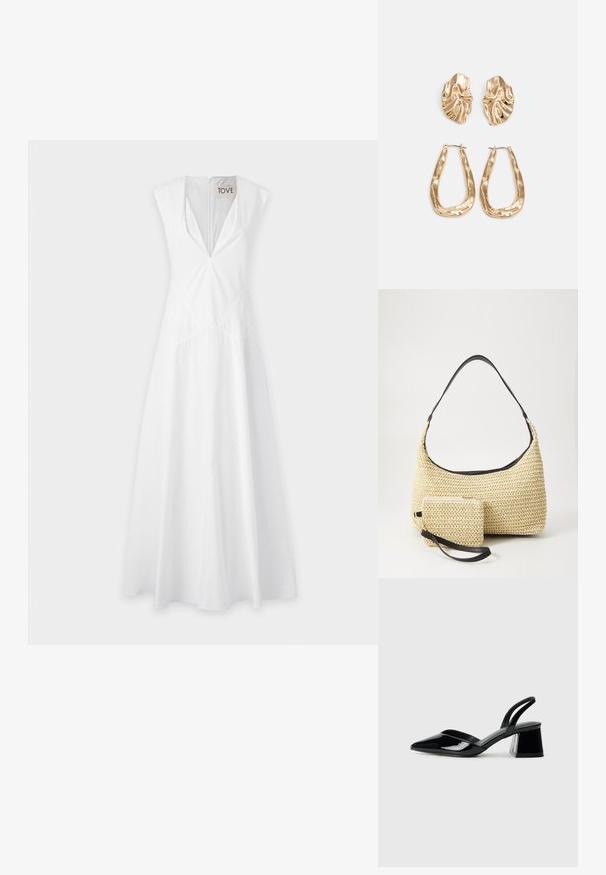 Bela brezrokavna obleka z globokim V-izrezom, podrobnostmi na pasu in tekočim krojem krila, izdelana iz lahkotnega materiala.; Črne lakirane slingback pete s koničastim nosom in geometrijsko blokasto peto. Imajo eleganten, minimalističen dizajn in gladko teksturo.; Tkana torbica iz slame s zakrivljenim siluetom, ki vključuje gladek črn usnjen trak in usklajen majhen žep, pritrjen z ročajem za zapestje.; Zlato obarvani uhani z teksturiranimi, valovitimi oblikami. Vključujejo skulpturalne sponke za ušesa in odprto obliko obročka s kladivastim finišem.