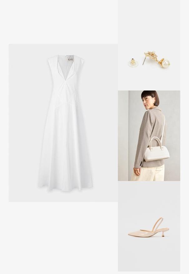 Bela brezrokavna obleka z globokim V-izrezom, podrobnostmi na pasu in tekočim krojem krila, izdelana iz lahkotnega materiala.; Bež čevlji na peto iz patentiranega usnja, s koničastim nosom in ozko kvadratno peto. Gladka tekstura in minimalističen dizajn brez okrasja.; Bela strukturirana torba z kratkimi ročaji in naramnim trakom, z zlatimi okrasnimi elementi in teksturiranim materialom, prikazana na sivi podlagi.; Zlato obarvani uhani s dekorativnim dizajnom, ki vključujejo biserni dodatek, kovinski vložek in prozoren gumijast podložek.
