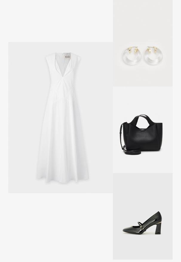Vestido branco sem mangas com um decote em V profundo, detalhes na costura da cintura e um design de saia fluida, confeccionado em tecido leve.; Sapato de salto alto em couro envernizado preto, com bico fino, tira no tornozelo e detalhe em ouro no salto. Design de salto quadrado.; Bolsa de mão em couro preto com acabamento texturizado, forma angular, alças duplas e uma alça de ombro ajustável. Apresenta um detalhe com o logótipo DKNY.; Brincos de argola em acrílico transparente com detalhes em metal dourado e um acabamento polido. Apresentam um design circular suave.